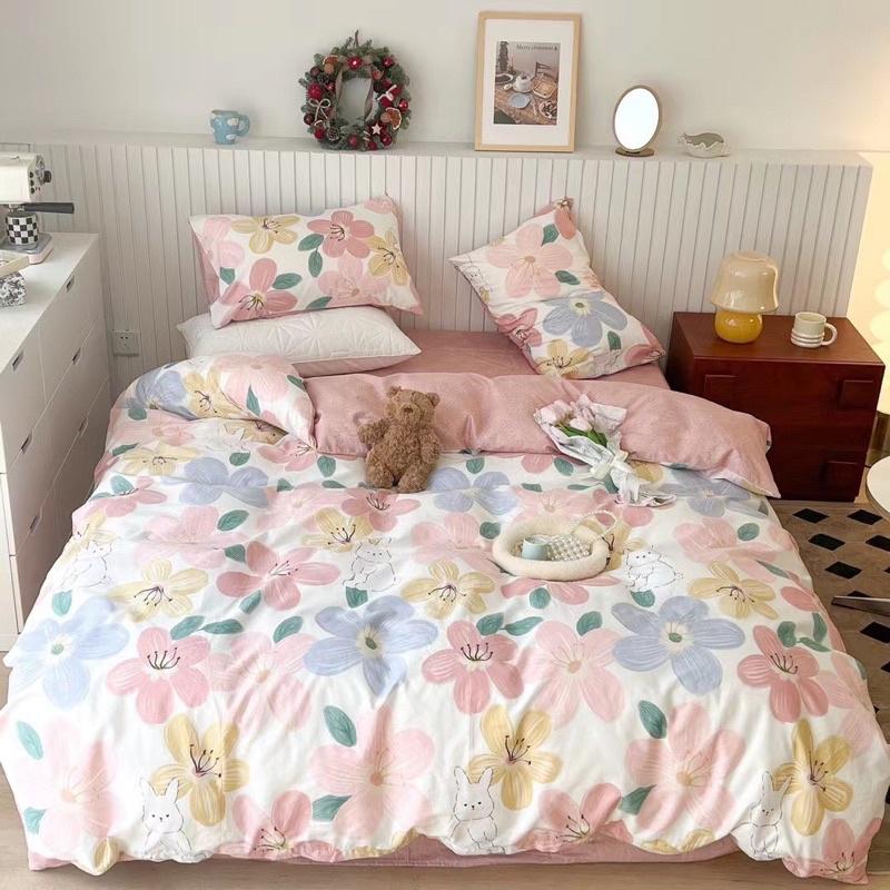 Bộ Chăn Ga Gối Cotton Living 100%cotton Hàng Nhập Khẩu Cao Cấp 4 Món Hoa đỏ