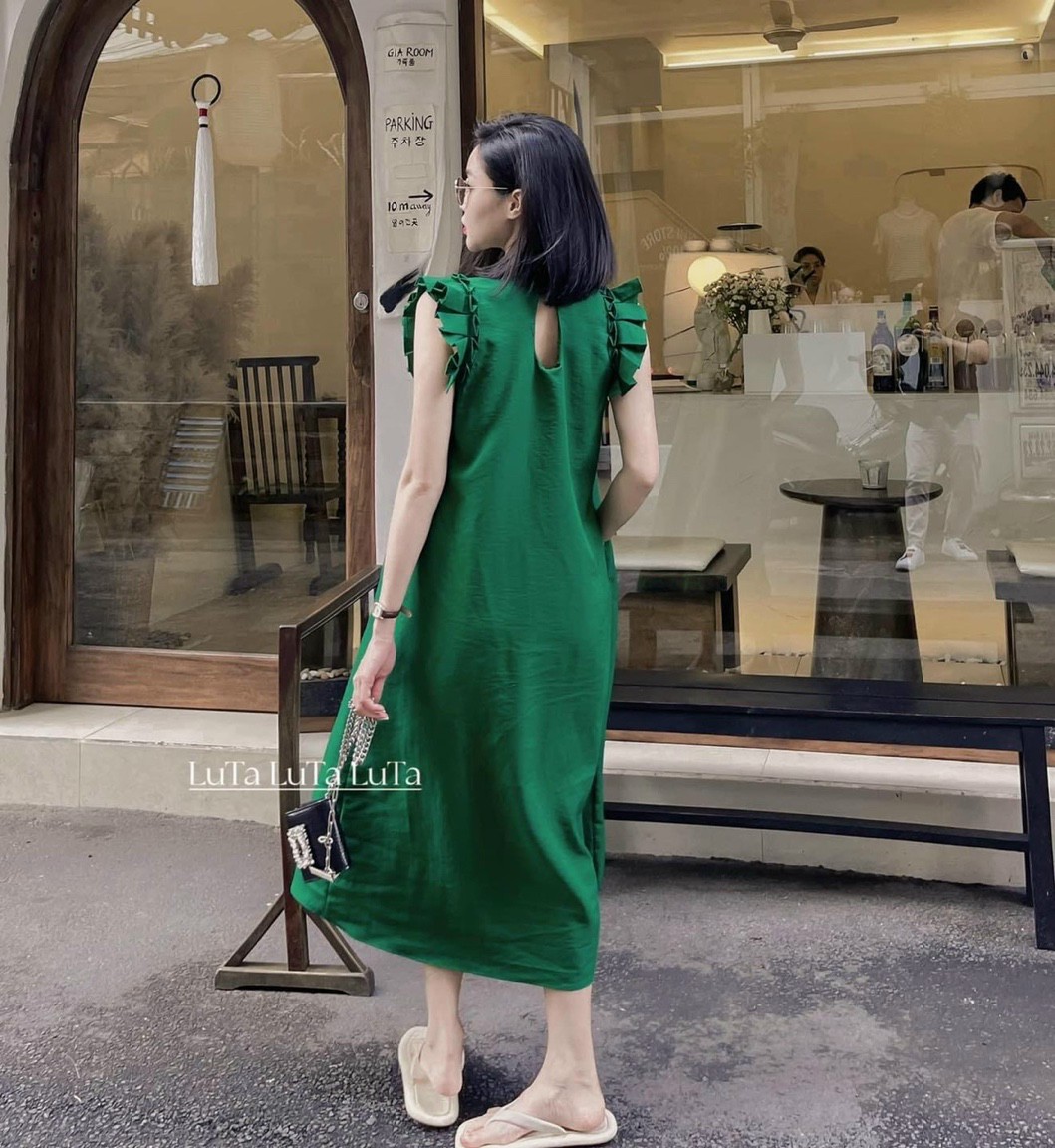 Váy suông nữ tay xếp ly cách điệu form rộng, đầm suông dài phom rộng mềm mại