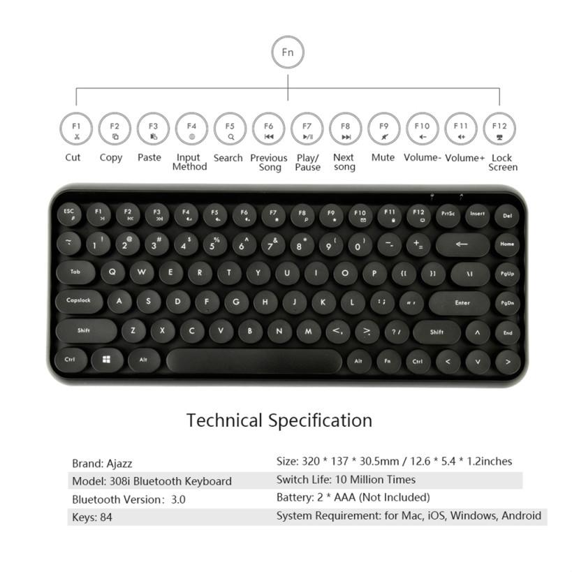 Bàn phím bluetooth không dây Ajazz 308i có 84 nút tròn chuyên dụng cho chơi game-Hàng nhập khẩu