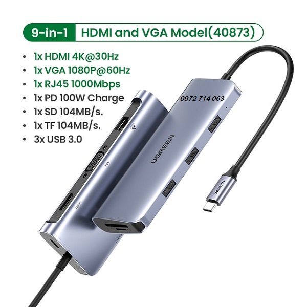 Ugreen Bộ Chuyển Đổi hub USB-C Sang HDMI + VGA + Đầu Đọc Thẻ + RJ45 + PD hub 9 Trong 1 Cho laptop hàng chính hãng