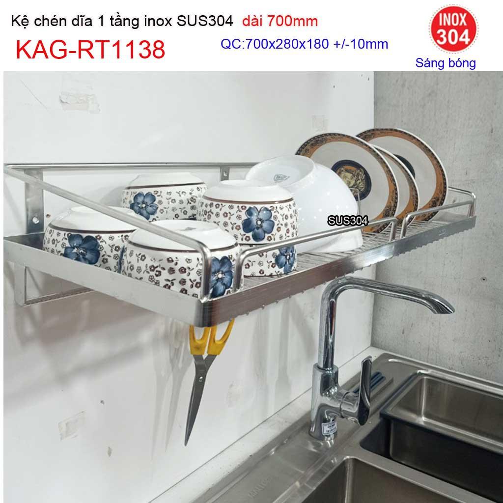 Kệ đựng chén bát inox 304, kệ úp chén dĩa 1 tầng inox dài 70cm KAG-RT1138