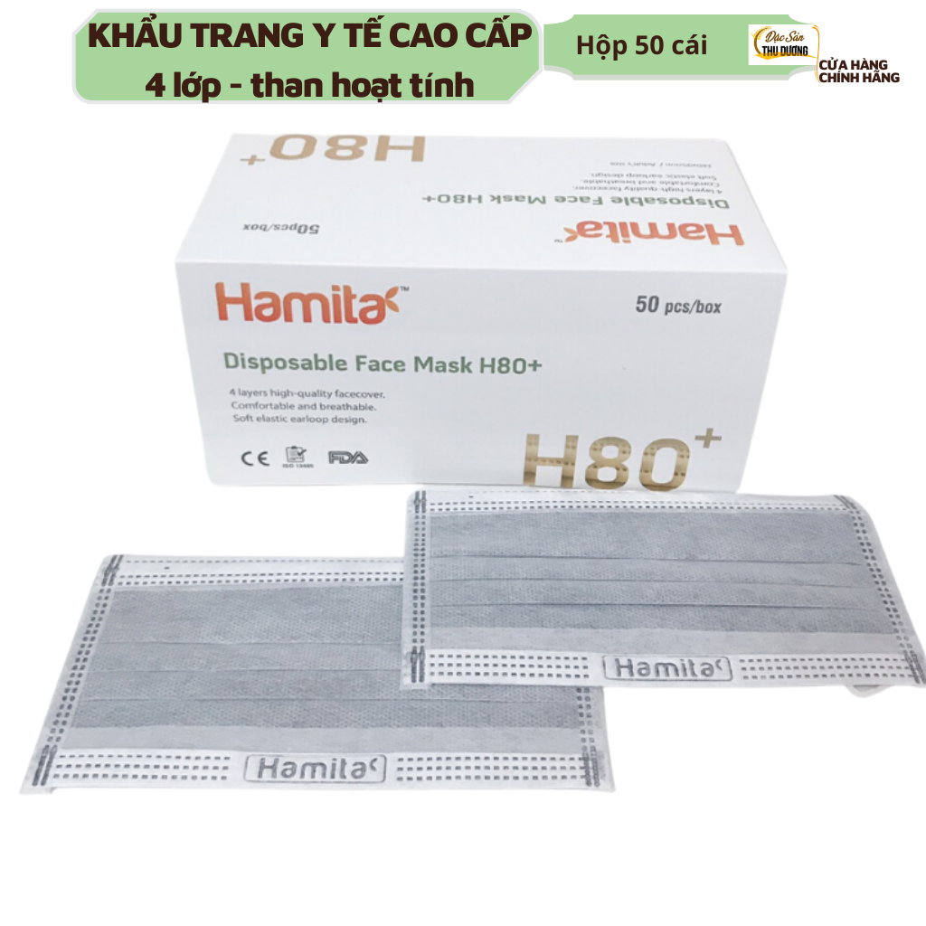 Khẩu trang y tế than hoạt tính Hamita 4 lớp (Hộp 50 cái) Hàng xuất khẩu Model H80+ _ ISO13485, CE, FDA 