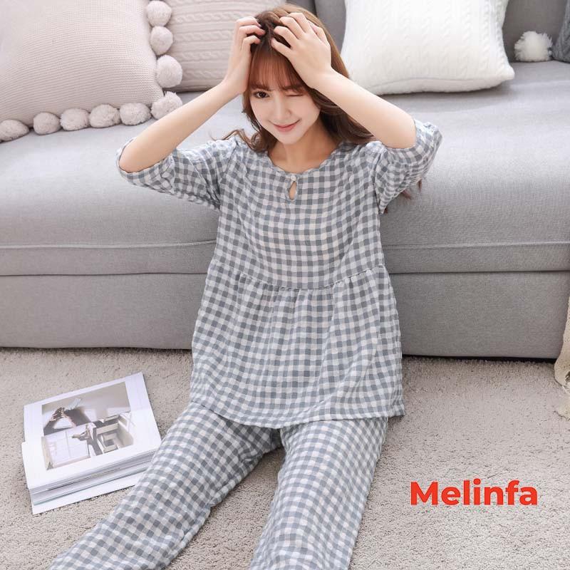 Bộ đồ ngủ nữ, bộ Pyjamas mặc nhà nữ cổ tròn tay lửng, quần dài chất cotton lụa tự nhiên phong cách trẻ trung mã VABD0197