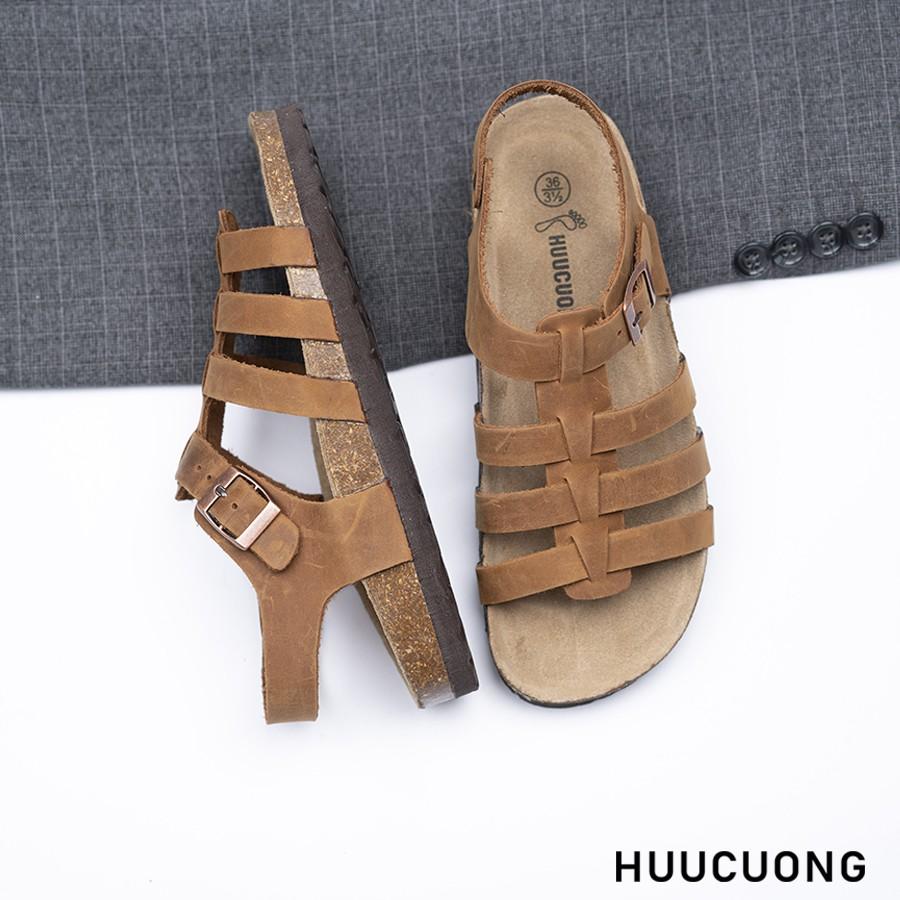 Sandal Unisex HuuCuong chiến binh da bò nâu đế trấu handmade