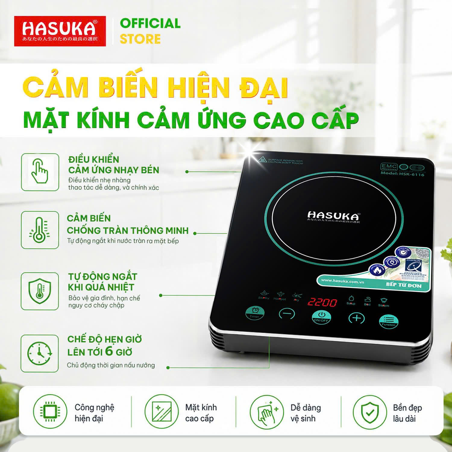 BẾP ĐIỆN TỪ ĐƠN CAO CẤP HASUKA HSK-6116 (2200W) HÀNG CHÍNH HÃNG