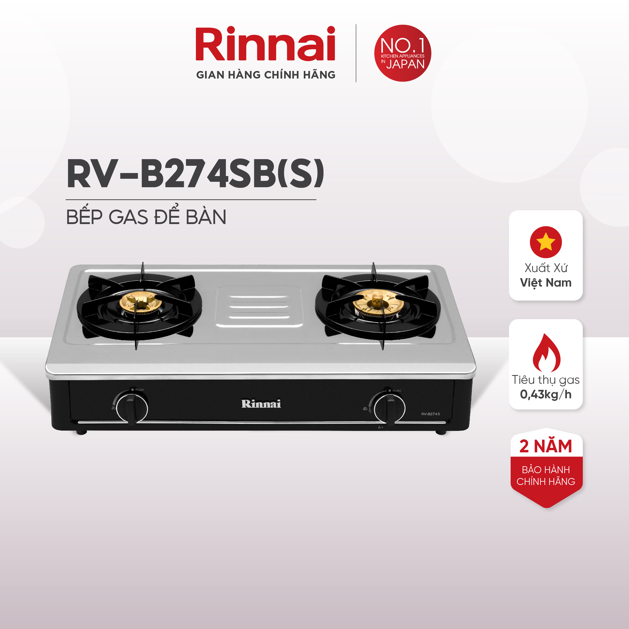 Bếp gas dương Rinnai RV-B274SB(S) mặt bếp inox và kiềng bếp men - Hàng chính hãng.