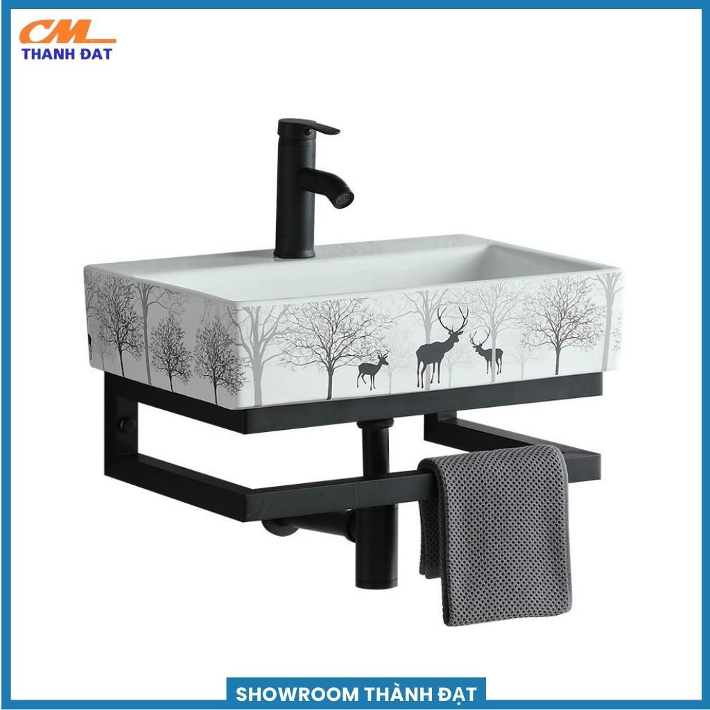 Chậu rửa mặt, bồn rửa mặt, lavabo đặt bàn vuông hoa văn con nai rừng