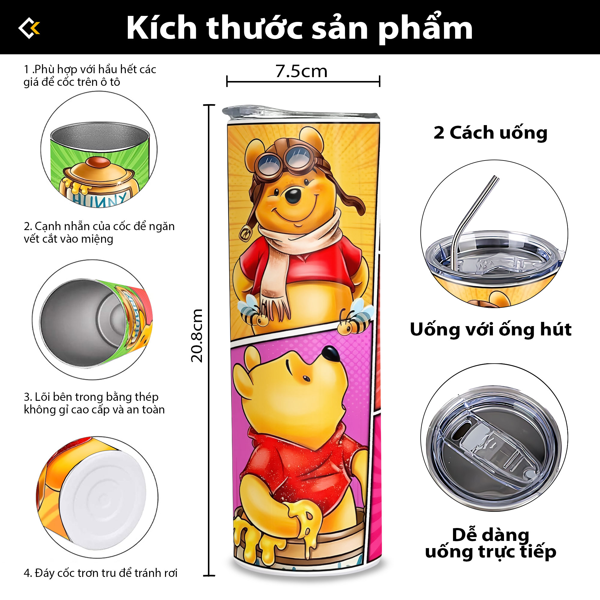 Bình Giữ Nhiệt Gấu Pooh - Ly Giữ Nhiệt Gấu Pooh - Bình Nước Gấu Pooh 2 lớp thép không gỉ SUS304 - 600ml