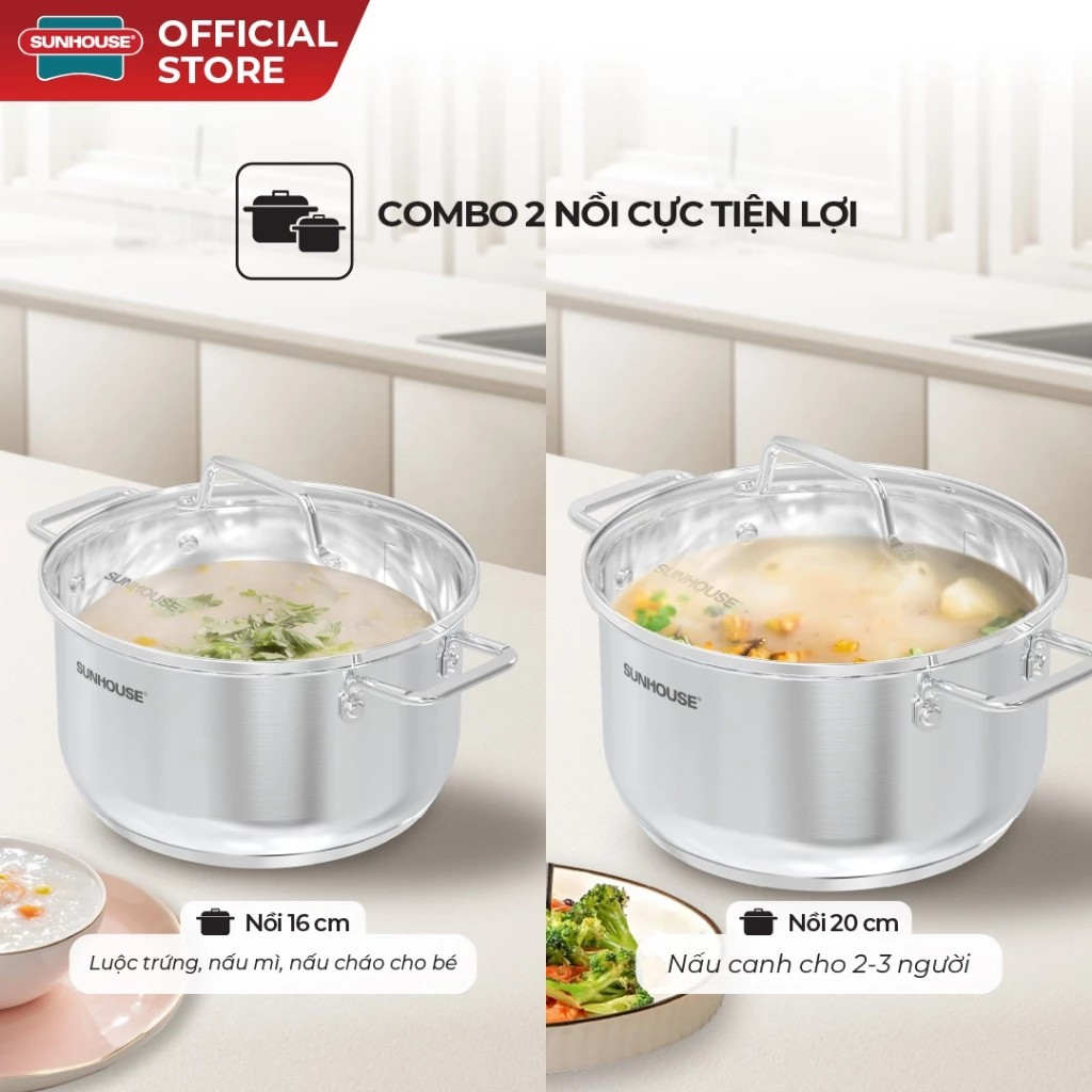 Bộ nồi chống dính đáy từ Sunhouse SHG604E Inox 304 - Bộ 2 nồi size 16/20cm - Công nghệ đáy từ Impact Bonding - Hàng chính hãng