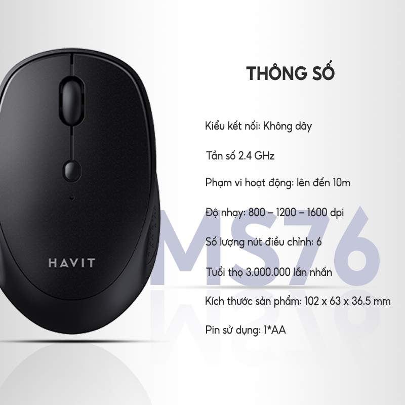 Chuột Không Dây HAVIT MS76, Thiết Kế Công Thái Học, 3 DPI + 6 Nút Chỉnh, Tuổi Thọ 3Tr Lần Nhấn - Hàng Chính Hãng (Xanh)