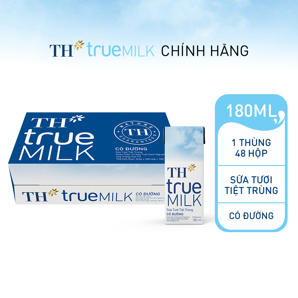 Thùng 48 hộp sữa tươi tiệt trùng TH true MILK có đường 180 ml (180 ml x 48)