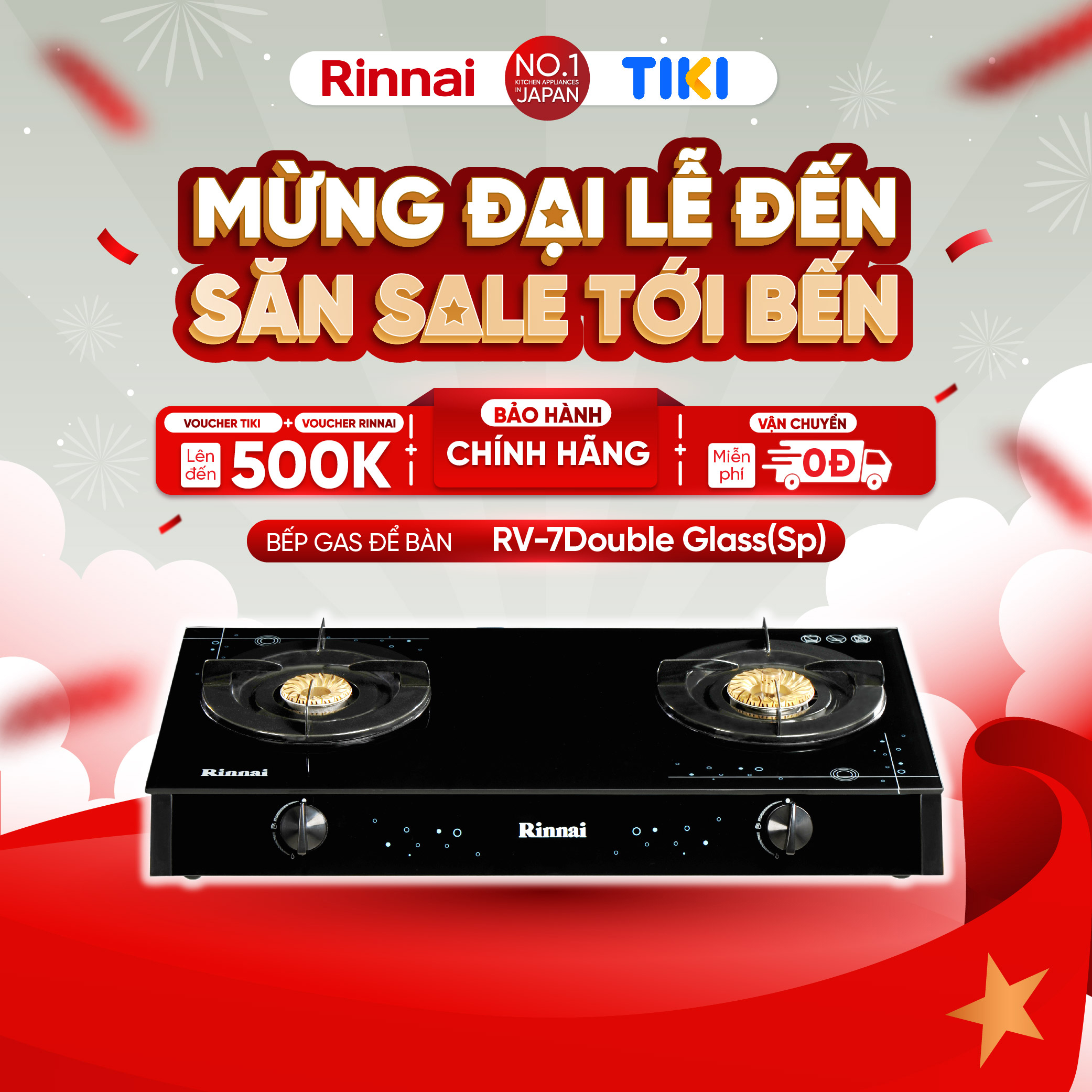 Bếp gas dương Rinnai RV-7Double Glass(Sp) mặt bếp kính và kiềng bếp men - Hàng chính hãng.