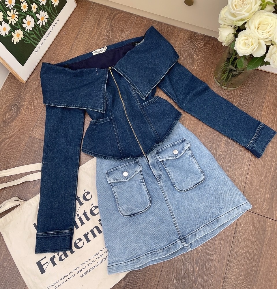 ĐẦM SET ÁO CROPTOP TRỄ VAI TAY DÀI + CHÂN VÁY NGẮN LƯNG CAO TÚI HỘP CHỮ A JEANS ĐI CHƠI NOEL ĐI TIỆC DẠO PHỐ GIÁNG SINH