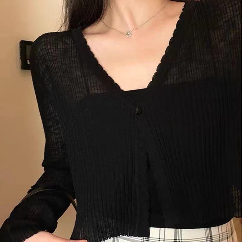 Áo khoác len mỏng Cardigan Quảng Châu 1 KHUY dáng ngắn đáng yêu và dễ phối đồ