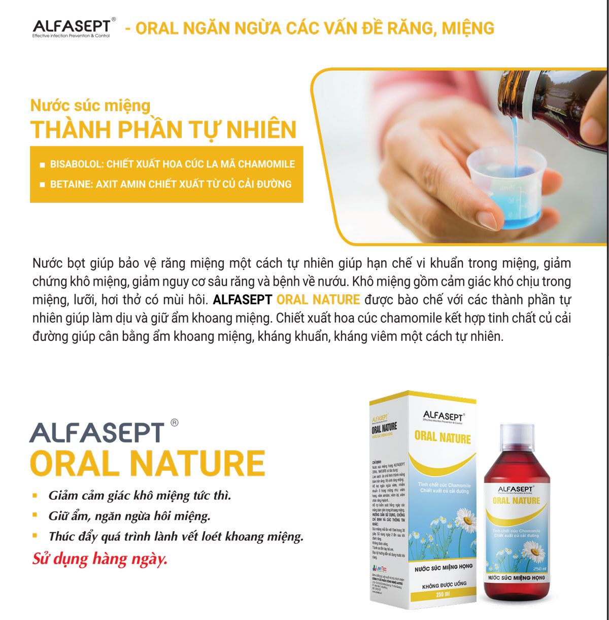 Nước súc miệng họng ALFASEPT ORAL NATURE 250ml chiết xuất cúc la mã củ cải đường - Giảm hôi miệng, bớt nhiệt miệng