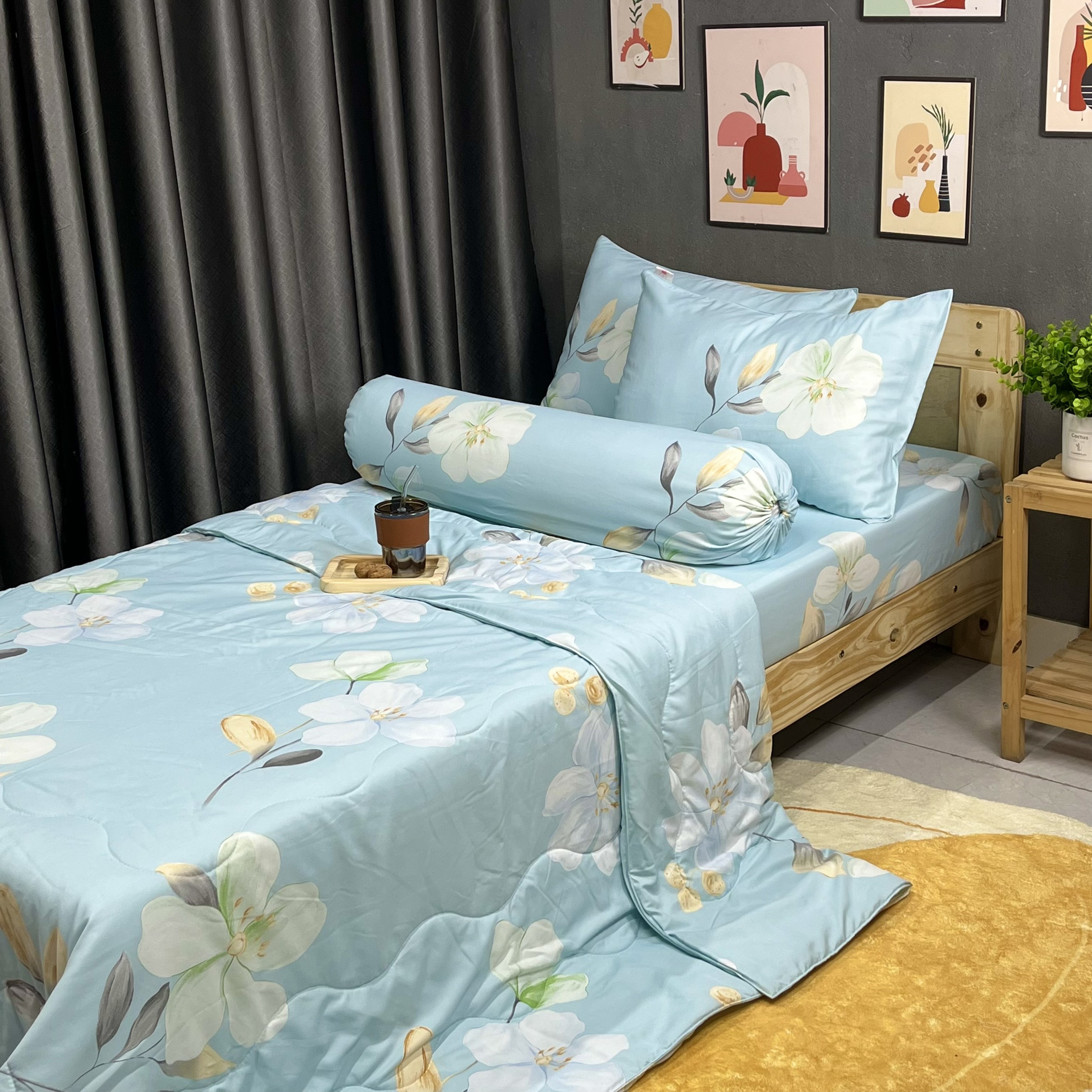 Bộ Chăn Ga Gối Đệm Phi Lụa Tencel Bộ Chăn Ga 5 Món Drap Giường