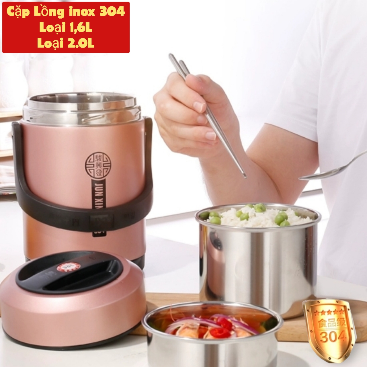 Cặp lồng ủ cơm cháo HAK1 inox 304# cao cấp 1,2 Lít / 1,6 lít và 2 lít chống tràn