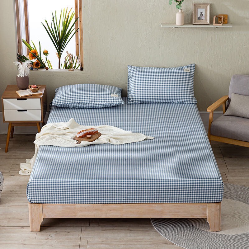 Bộ Ga Gối Cotton Tici Kẻ LIDACO Cao Cấp – Caro Xanh – 1m8 x 2m – Dưới 12cm