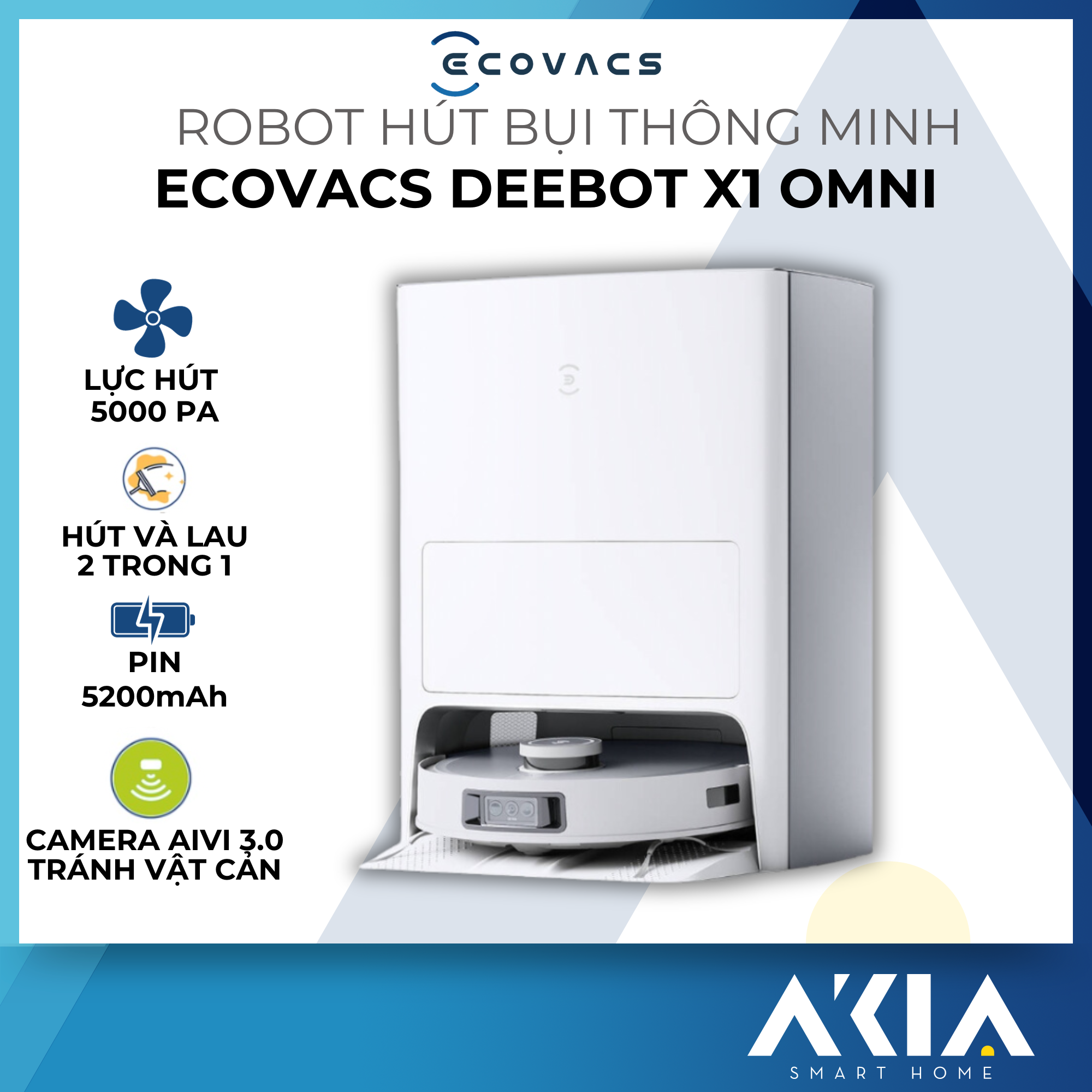 Robot hút bụi lau nhà thông minh Ecovacs Deebot X1 Omni - Tự động xả rác, Tự động giặt khăn lau, Tích hợp camera ghi hình - HÀNG CHÍNH HÃNG