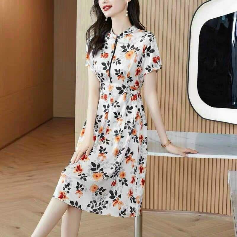 HÀNG NHẬP - ĐẦM XÒE LỤA HOA CAM CỔ TÀU