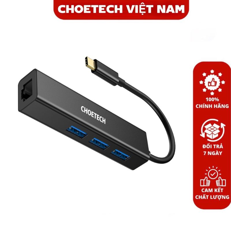 HUB chuyển Type C ra 3 cổng USB và 1 cổng RJ45 Choetech HUB-U02 (Hàng chính hãng)