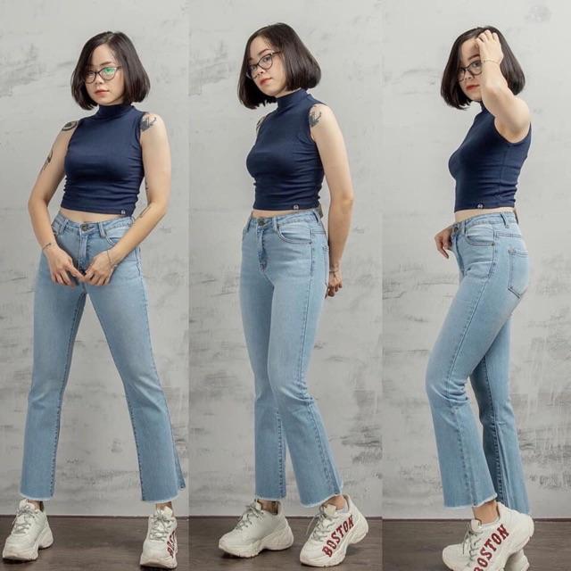 Quần jeans ống loe lửng 9 tấc 3 màu(đen-xanh nhạt-xanh đậm)