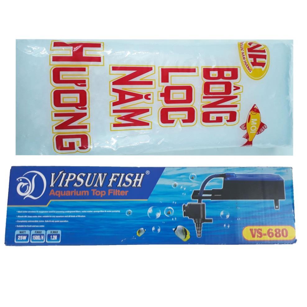 Máy Bơm Lọc Nước Hồ Cá VS-680 & Bông Lọc - Bộ Bơm Lọc Nước Bể Cá Vipsun