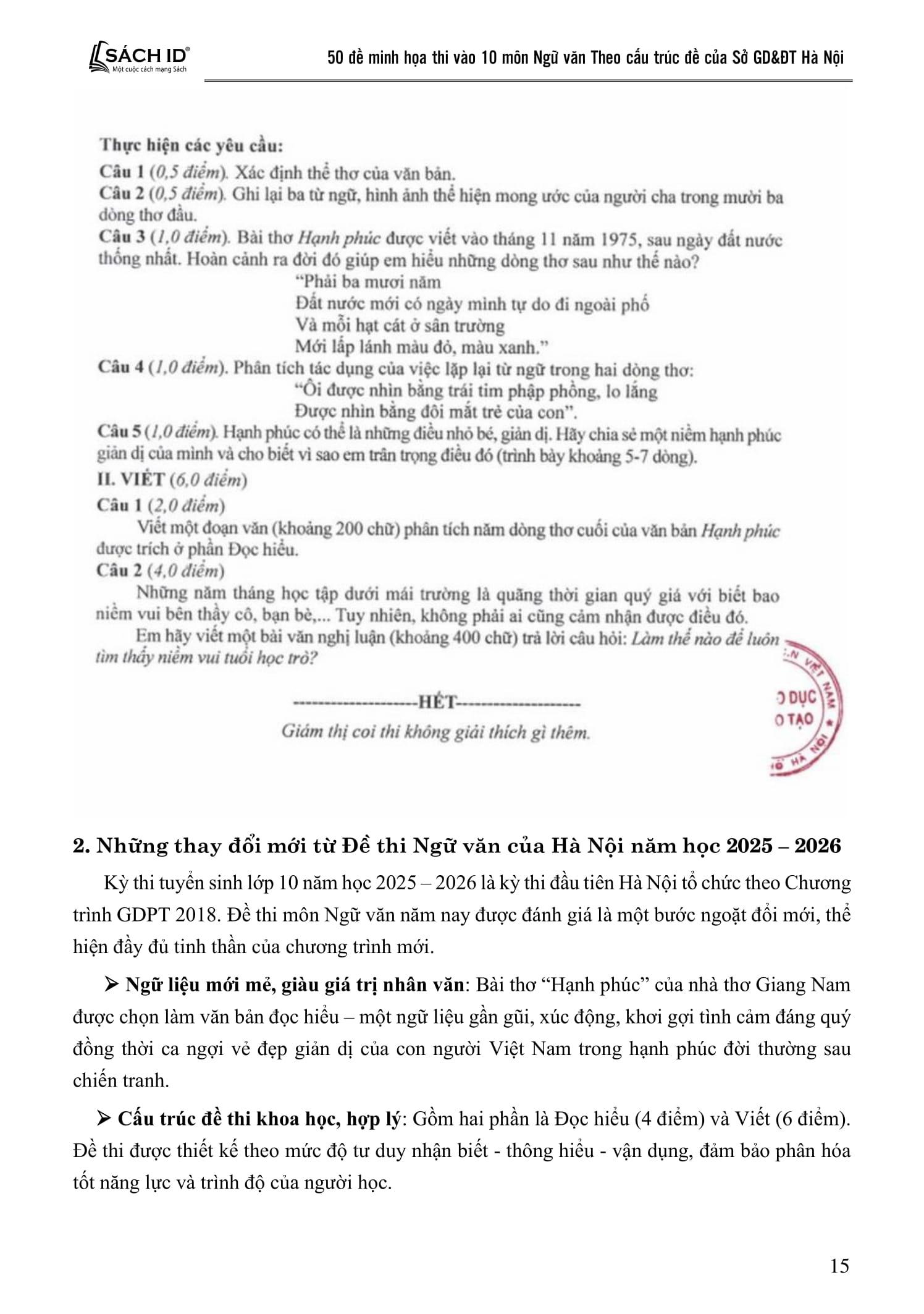 Sách - 50 Đề Minh Họa Thi Vào 10 - Môn Ngữ Văn (Theo Cấu Trúc Đề Của Sở Giáo Dục Và Đào Tạo Hà Nội)