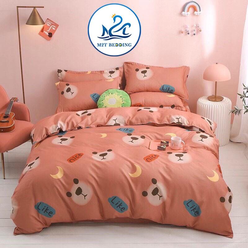 Bộ chăn ga gối Cotton Poly M2T bedding gấu cam, vỏ chăn mền, drap giường và 2 vỏ gối