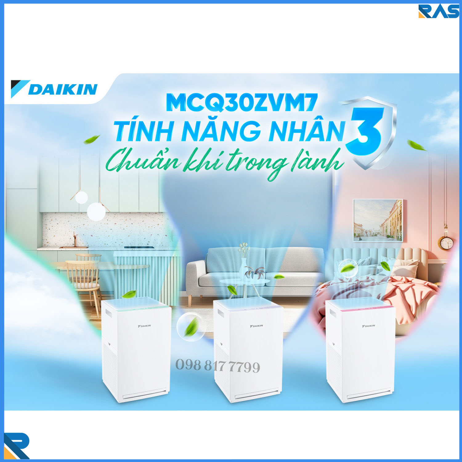 Máy lọc không khí Daikin MCQ30ZVM7 Ba Màu Lọc khí sạch với phin lọc Gin-Ion dành cho phòng 23m2 - Hàng Chính Hãng