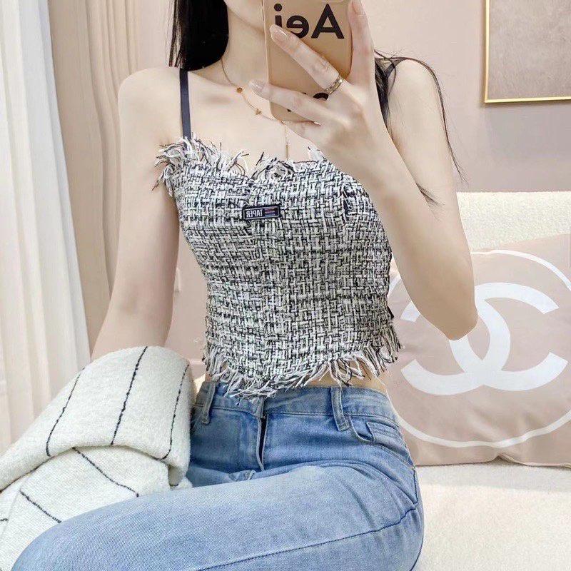 M77. Áo 2 dây dạ tweed kẻ siêu đẹp, áo kiểu nữ croptop sang chảnh 2022 (có sẵn - miễn ship)