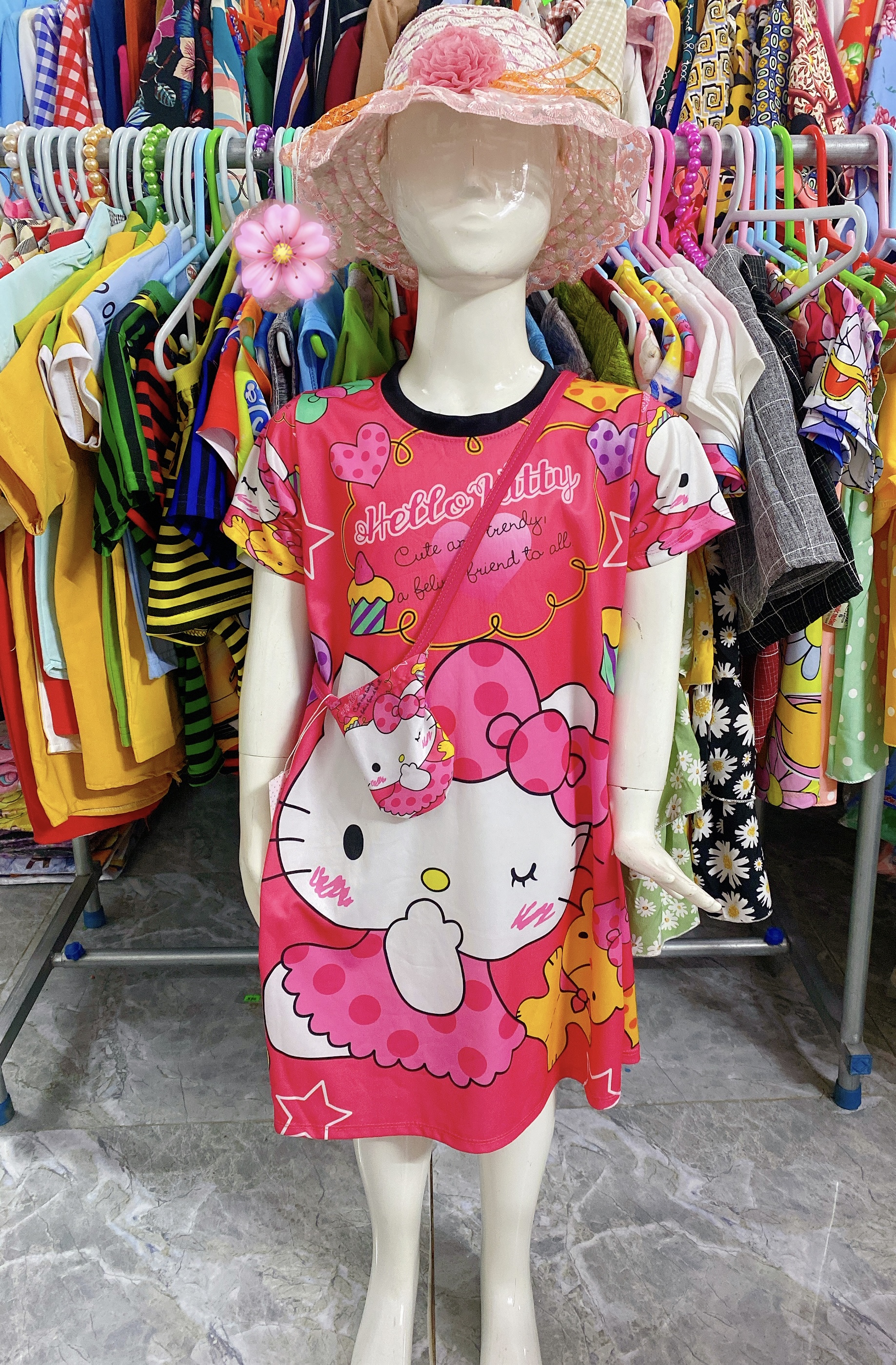 Đầm Bé Gái Mèo Hello Kitty Tặng Túi, Size 20,5-27Kg, 5-8 Tuổi In 3D Váy Thun Lạnh Dễ Thương