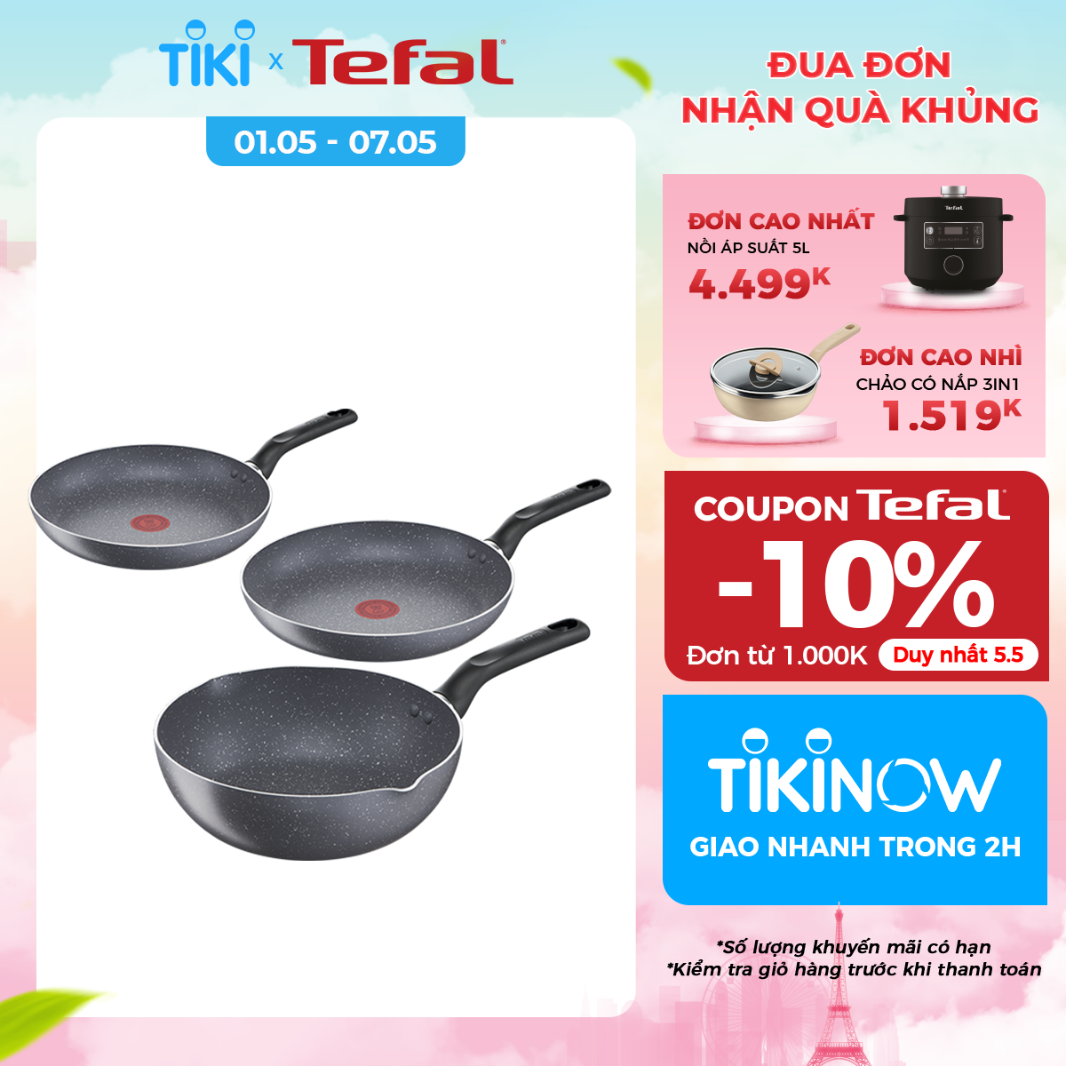 Combo 3 chảo chống dính Tefal - Chảo chiên 20cm Natura B2260295 &amp; Chảo chiên 24cm Natura B2260495 &amp; Chảo sâu lòng 24cm Natura B2266495 - Hàng chính hãng