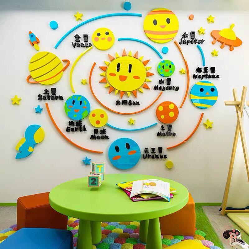 Decal dán tường mica 3D hệ mặt trời, các hành tinh, trang trí lớp học Tiếng Anh cho bé