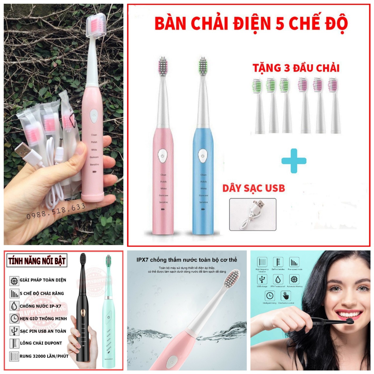 Bàn Chải Đánh Răng Điện PRO Công Nghệ Sóng Âm có sạc điện, Chải Sạch Mảng Bám mẫu mới hàng cao cấp