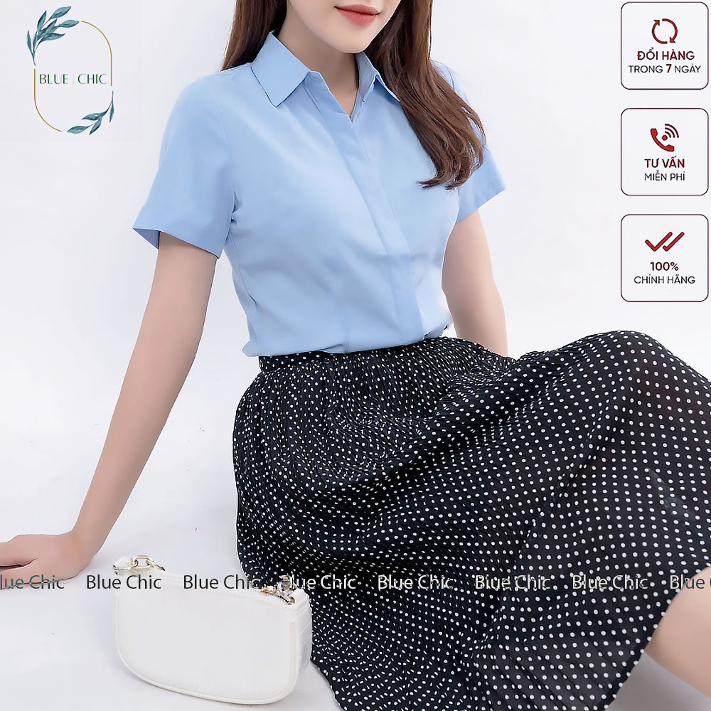 Hình ảnh Áo sơ mi Blue Chic ngắn tay nữ chất vải cao cấp sơ mi cộc tay công sở dáng suông form chuẩn tôn dáng