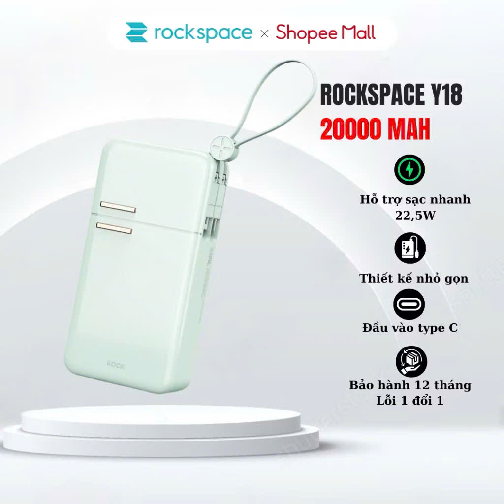 Pin sạc dự phòng Y18 ROCKSPACE sạc nhanh 20000mAh tích hợp dây cáp sạc - Hàng chính hãng bảo hành 12 tháng