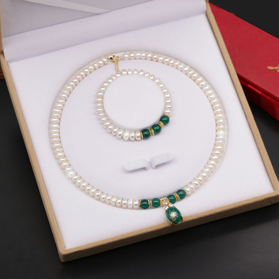 Bộ Chuỗi Ngọc Trai Làm Quà Tặng Đá Mã Não Xanh Sang Trọng - BNJ1308 - Bảo Ngọc Jewelry