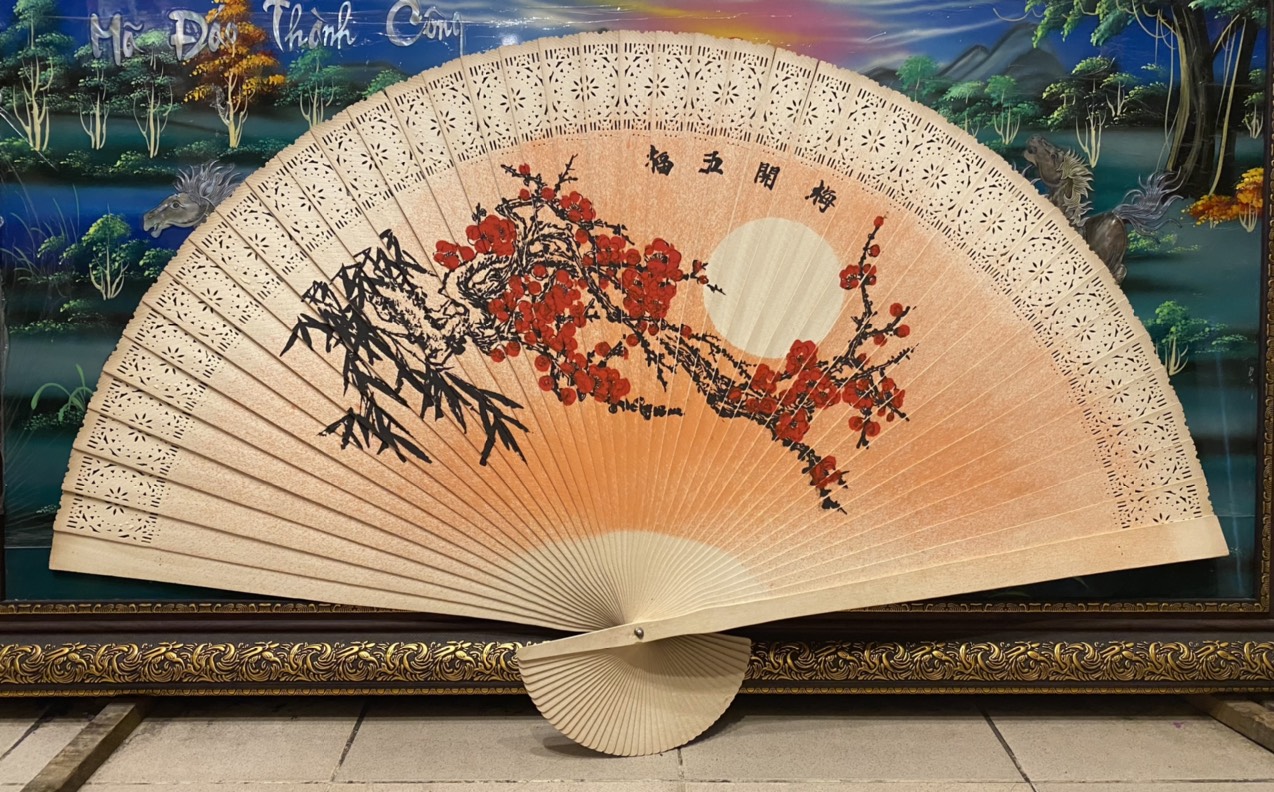 Tranh Quạt trang trí mộc long đào hoa - Q05
