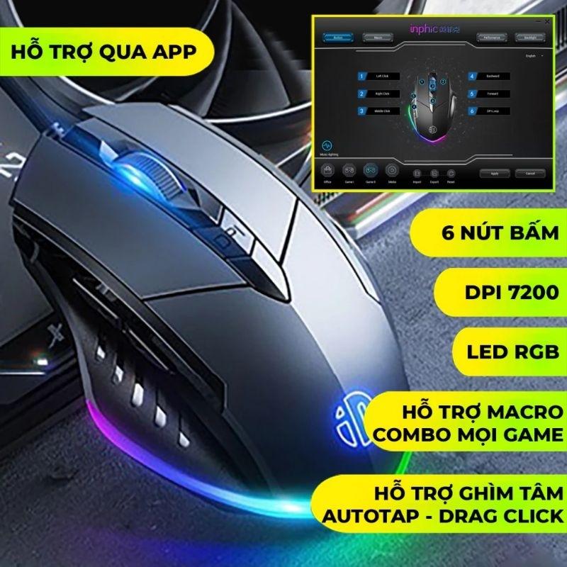 Chuột máy tính gaming TEKKIN INPHIC W1 PRO 7200 DPI bản có dây tắt âm silent Led - hàng nhập khẩu