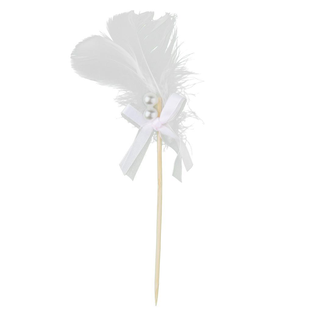 Cake Topper Insert Sticks with Feather Wedding Party Cake Decoration White