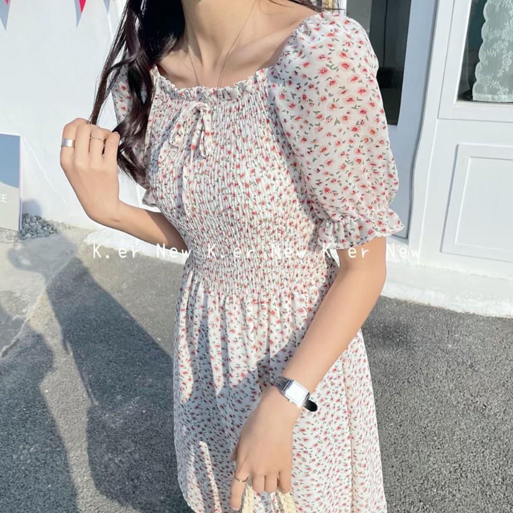 Váy hoa nhí nhún thân voan chifon VKE1015-2 Ulzzang style Hàng Quảng Châu