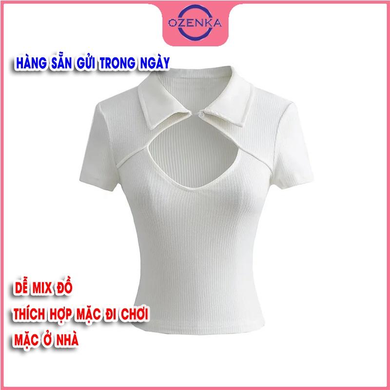 Áo croptop polo cổ bẻ tay ngắn ôm nữ, áo crt kiểu hàn quốc khoét ngực đính nút gợi cảm 100% cotton đen trắng