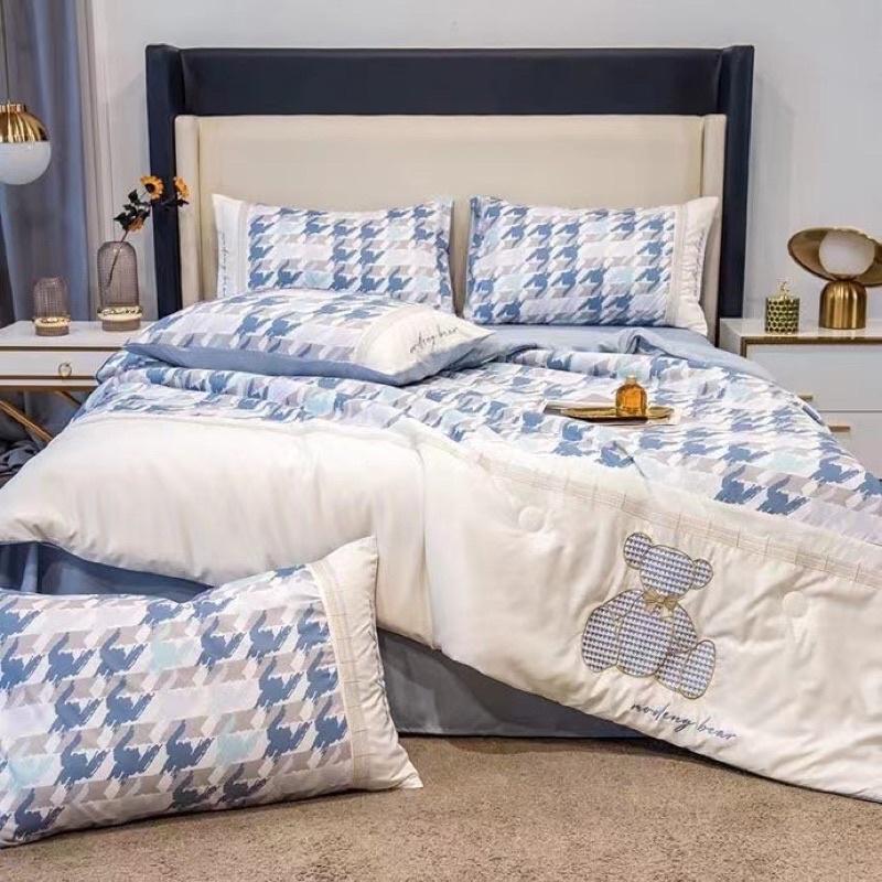 Bộ Chăn Ga Gối Lụa Phi Thêu Gấu teddy Hàng Nhập Khẩu Cao Cấp 4 món