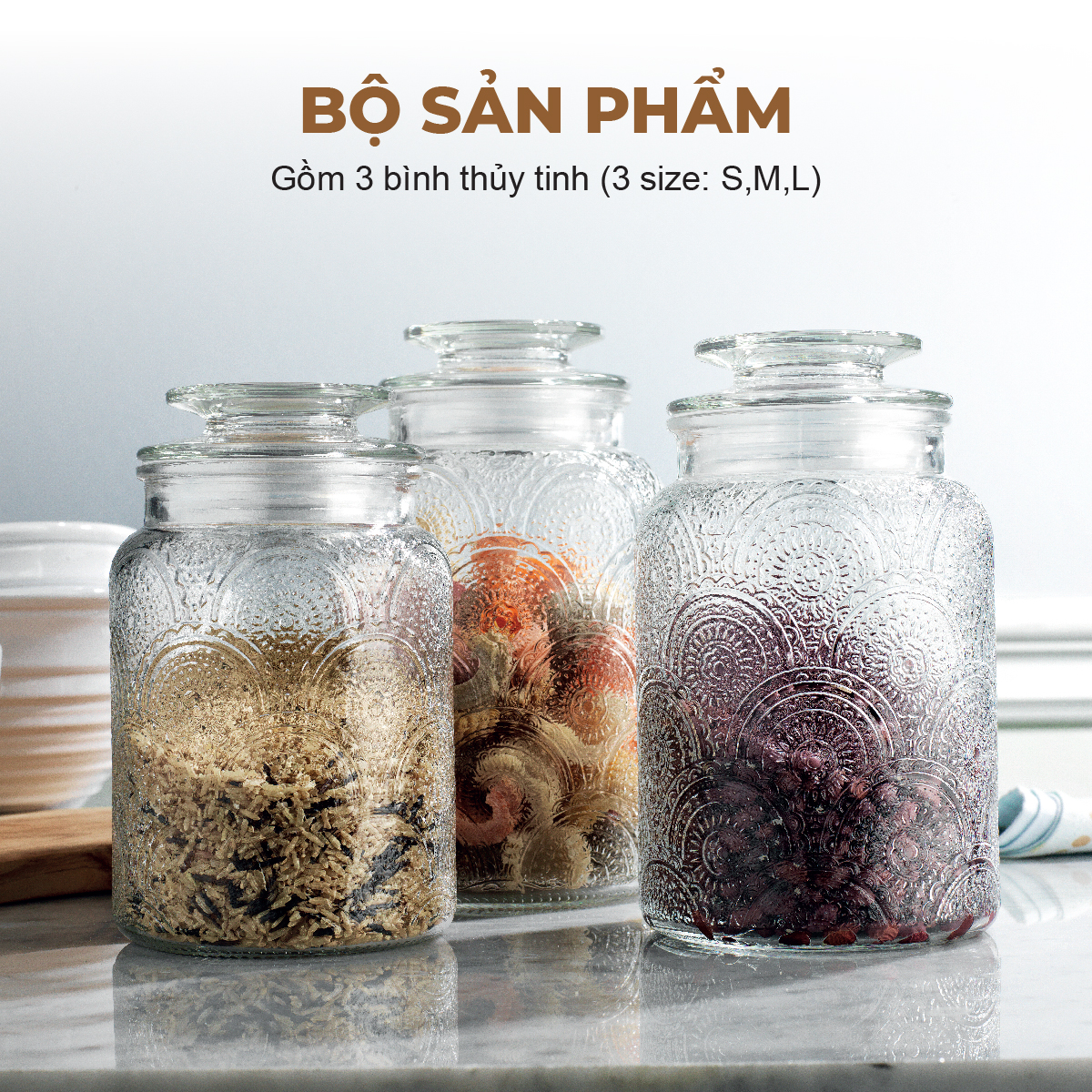 Bộ 3 Hũ Thủy Tinh Đựng Thực Phẩm Lebenlang LBL1210, Nắp Kín, Hoa Văn, Dung Tích 1L, 1.3L, 1.5L - hàng chính hãng