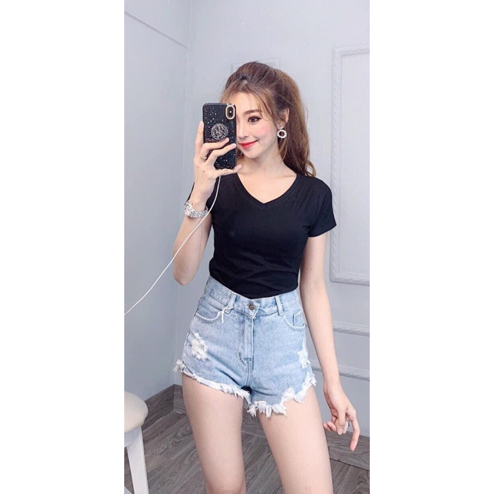 Áo thun nữ trơn cổ tim tay ngắn form ôm body thun 4 chiều MXM ( ANU007