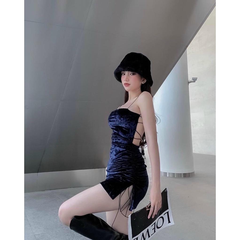 Đầm 2 Dây Nhung Ôm Body Nhún Thân Xẻ Đùi Dây Đan Lưng Trần Cực Kỳ Tôn Dáng Quyến Rũ D054