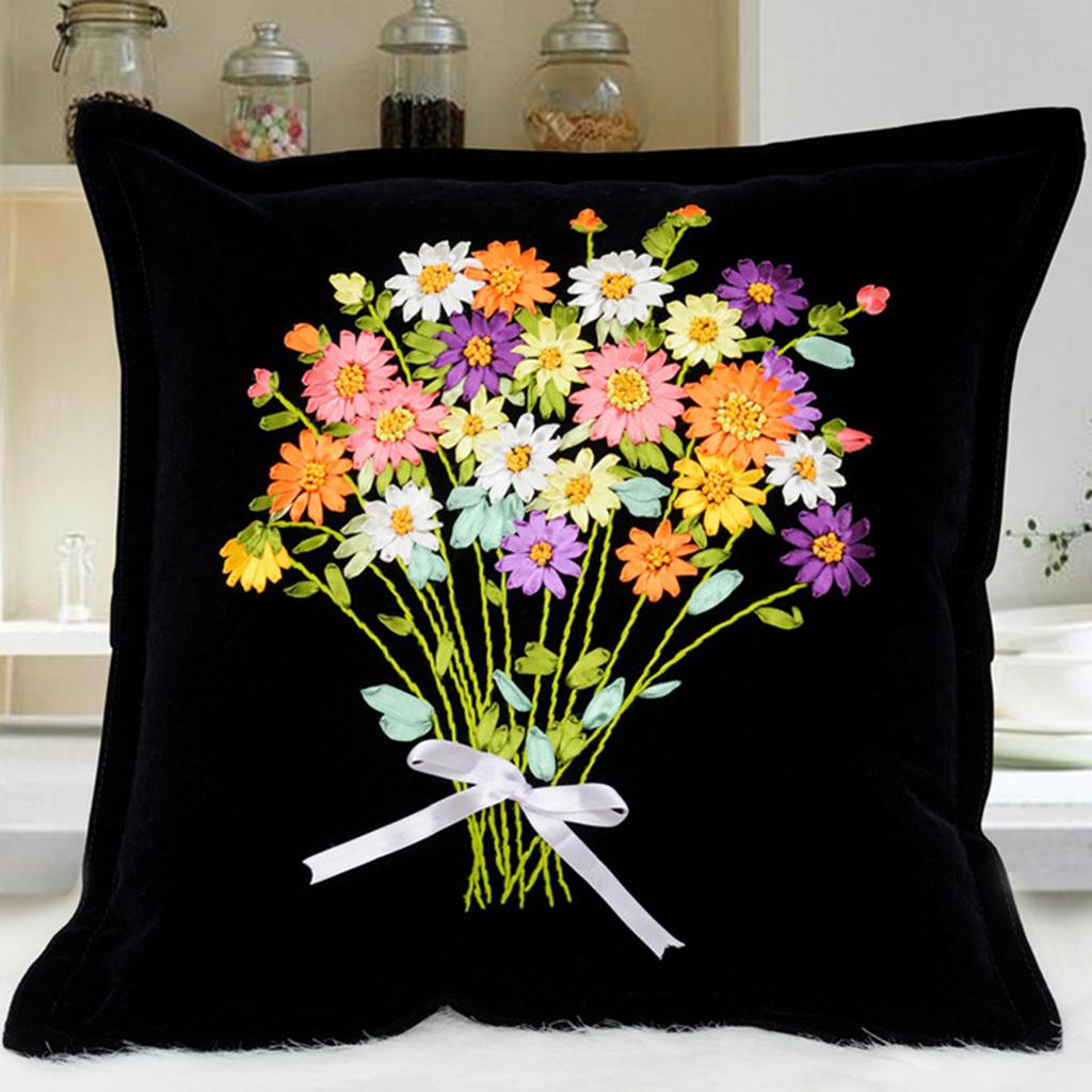 2pcs Daisy Flower Ribbon Cross Stitch Kits Embroidery Car Cushion Covers DIY