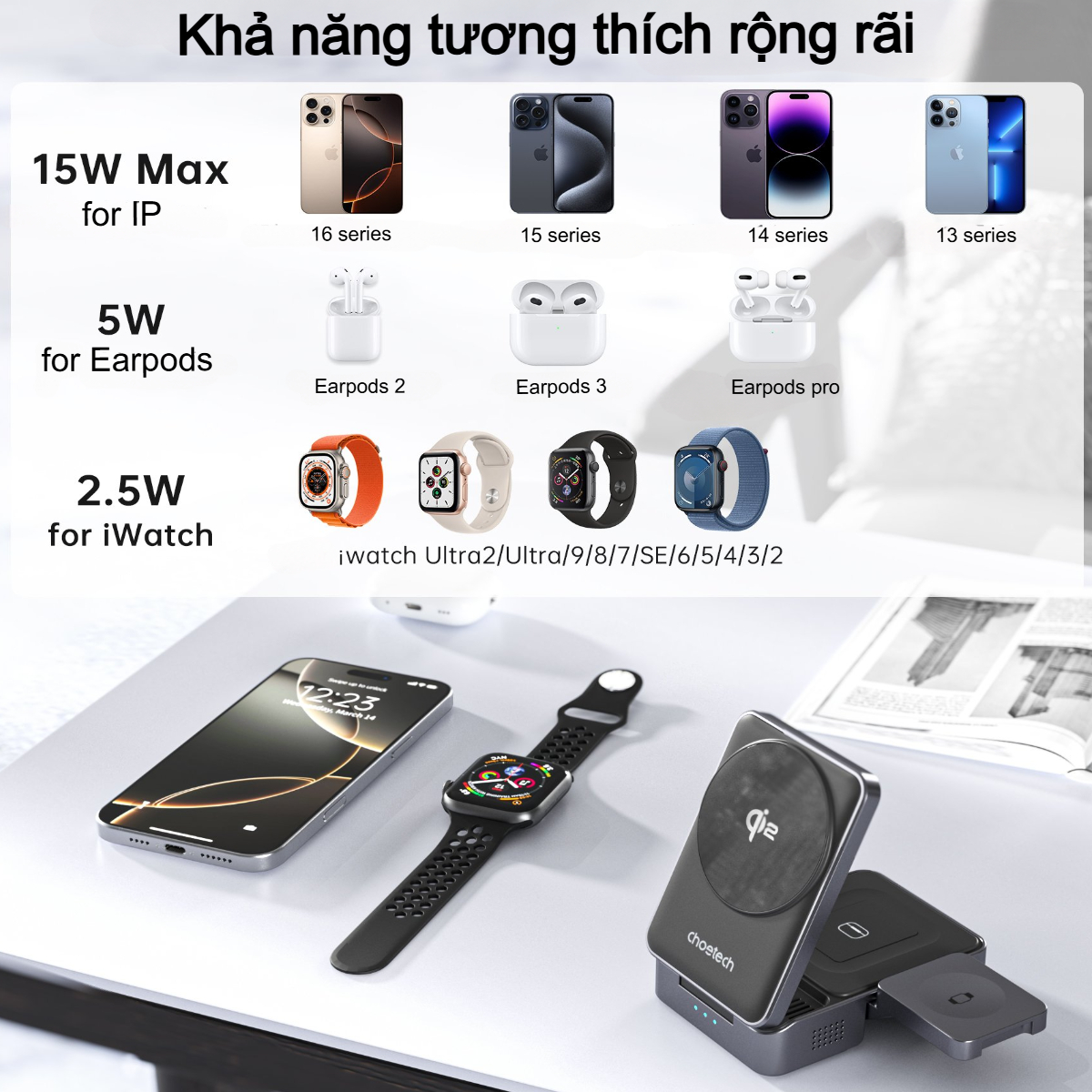 Đế sạc nhanh không dây 3 in 1 gấp gọn 15W Choetech T637 chuẩn Qi2 dùng cho điện thoại, tai nghe và đồng hồ thông minh - Hàng chính hãng)