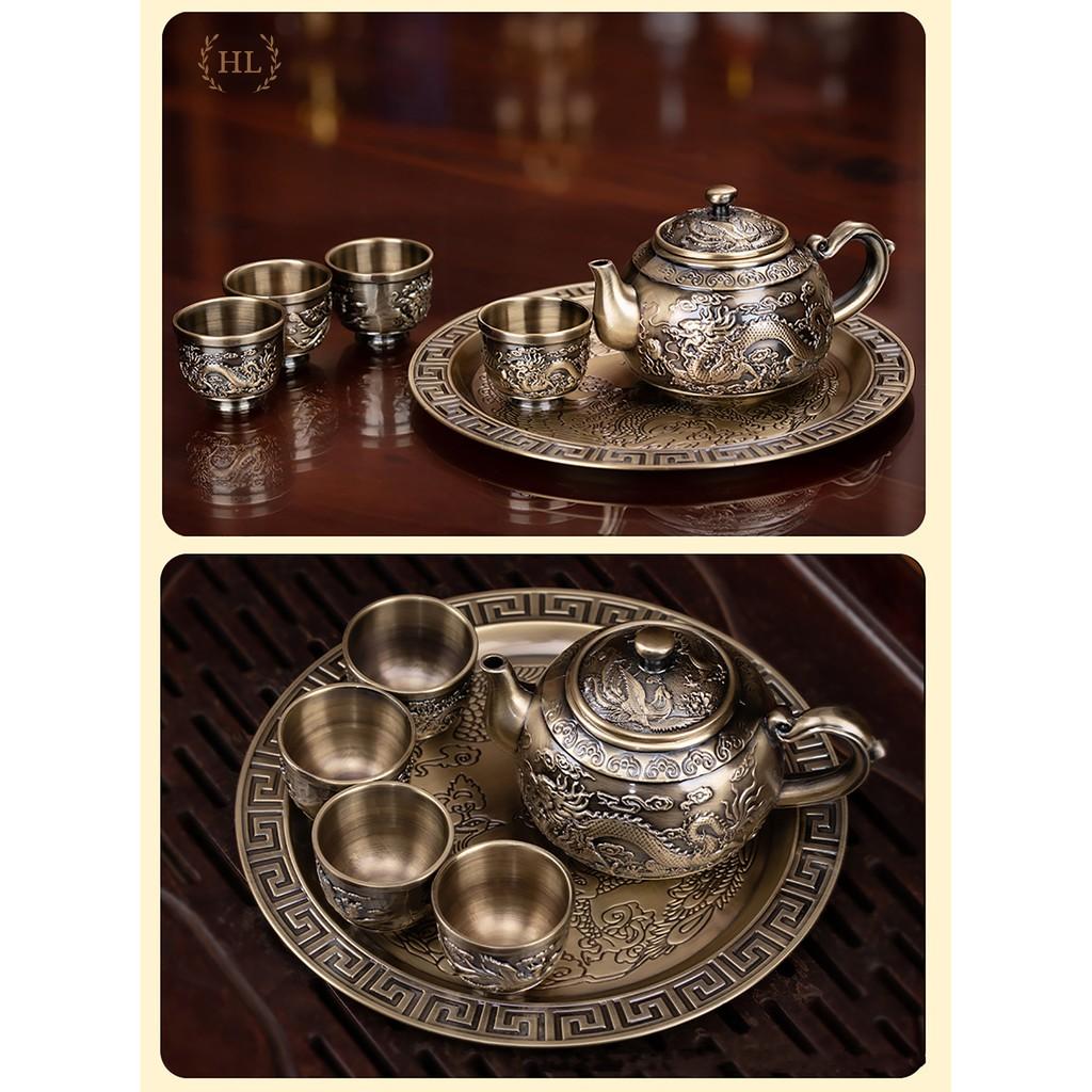 Bộ ấm trà đồng Long Phụng Sum Vầy | Bộ ấm chén 6 ly cao cấp hoa văn họa tiết Long Phụng phú quý đại cát